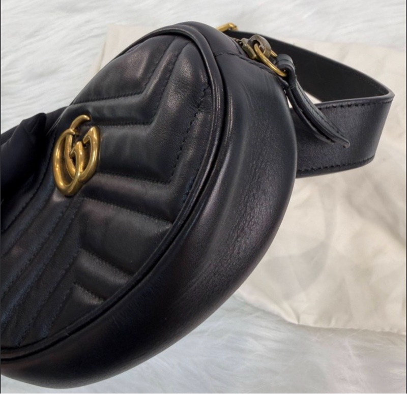GUCCI古馳 GG Marmont 馬蒙黑色金標Logo 絎縫牛皮 單肩斜挎包胸包腰包 常規 女款-3