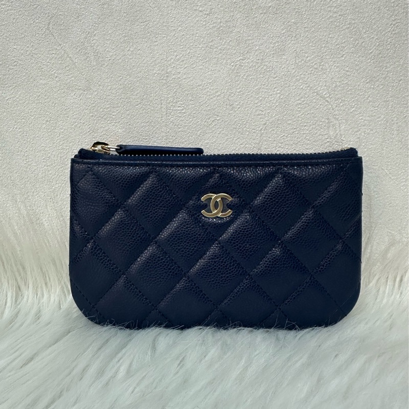 Chanel Ap4020 閃電藍荔枝皮淡金釦一字拉鏈零錢包 卡包-0