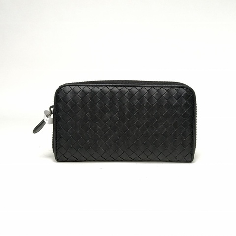 BOTTEGA VENETA 黑色羊皮錢包編織長款拉鏈