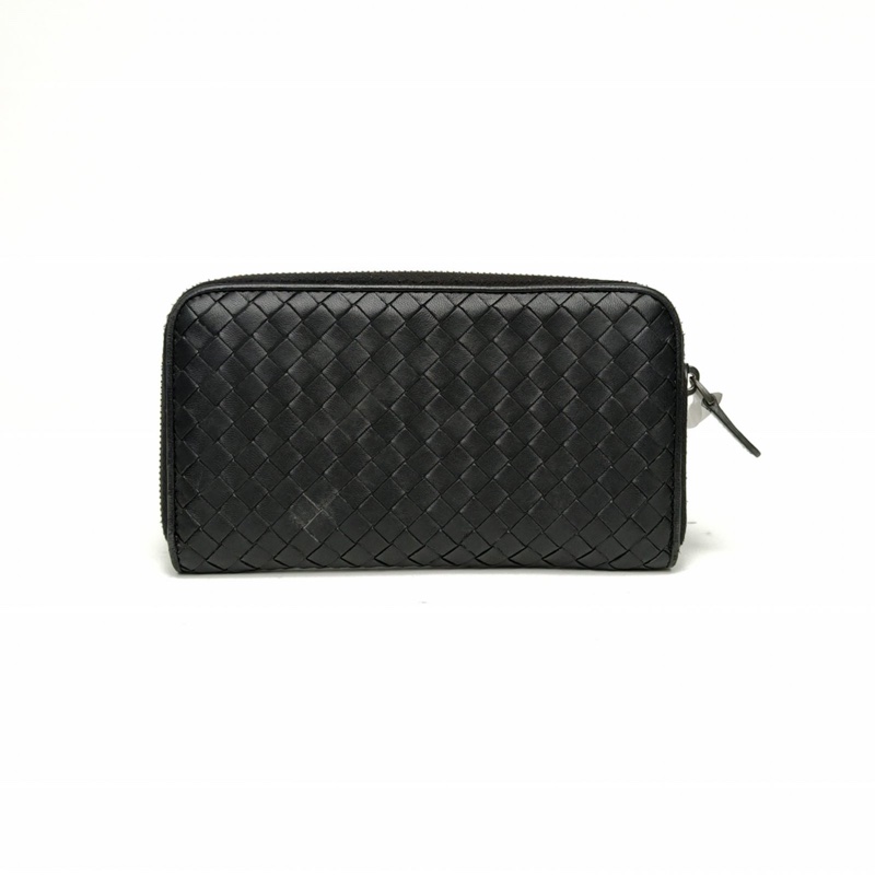 BOTTEGA VENETA 黑色羊皮錢包編織長款拉鏈-2