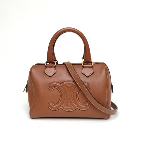 CELINE 焦糖色牛皮Triomphe凱旋門波士頓手提斜挎包