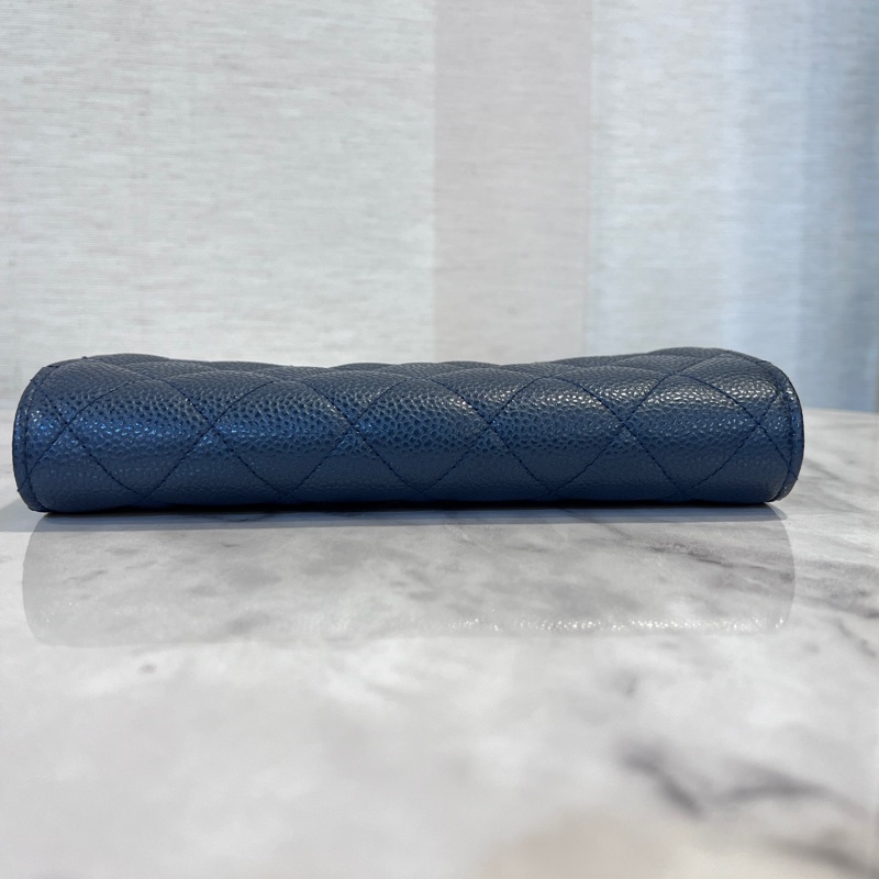 Chanel 珠光藍荔枝皮銀釦下蓋12卡長夾-4