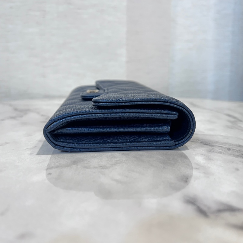 Chanel 珠光藍荔枝皮銀釦下蓋12卡長夾-5