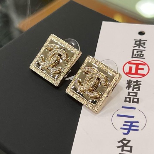 東區正精品㊣CHANEL ABA002全新未使用香奈兒金色雙C方形水鑽針式耳環 無原廠盒子 RZ6294-1