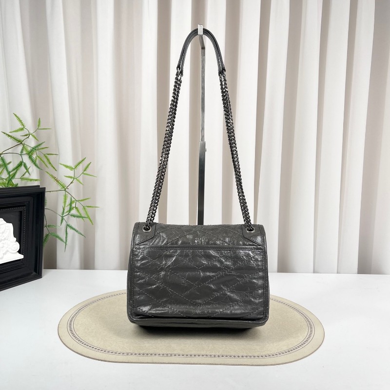 SAINT LAURENT聖羅蘭 Niki灰色小牛皮logo復古皺褶 鏈條包 可單肩手提 油蠟皮 上身效果超級美膩-1