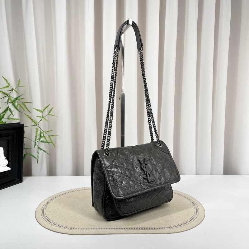 SAINT LAURENT聖羅蘭 Niki灰色小牛皮logo復古皺褶 鏈條包 可單肩手提 油蠟皮 上身效果超級美膩-2