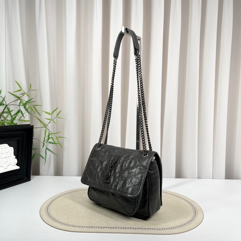 SAINT LAURENT聖羅蘭 Niki灰色小牛皮logo復古皺褶 鏈條包 可單肩手提 油蠟皮 上身效果超級美膩-3