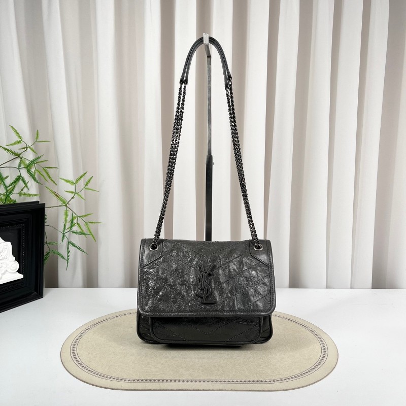 SAINT LAURENT聖羅蘭 Niki灰色小牛皮logo復古皺褶 鏈條包 可單肩手提 油蠟皮 上身效果超級美膩-5