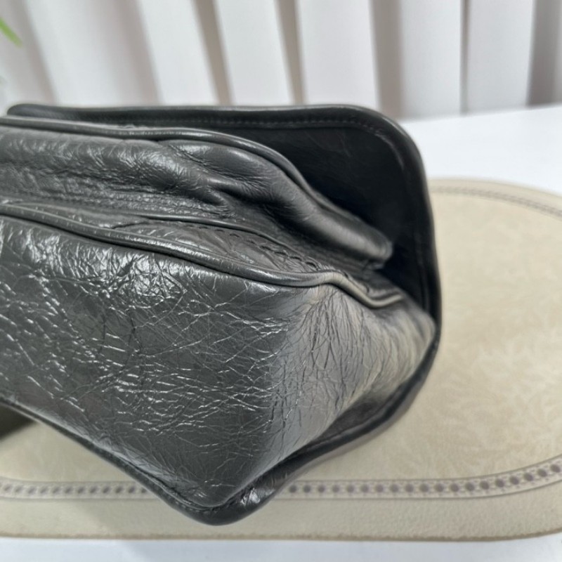 SAINT LAURENT聖羅蘭 Niki灰色小牛皮logo復古皺褶 鏈條包 可單肩手提 油蠟皮 上身效果超級美膩-7