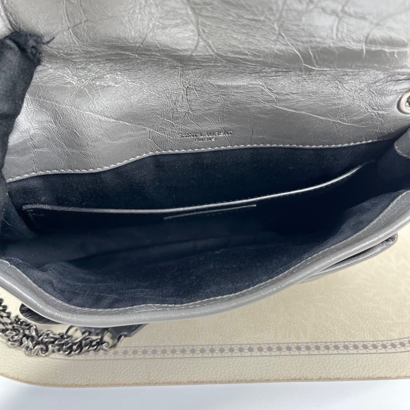 SAINT LAURENT聖羅蘭 Niki灰色小牛皮logo復古皺褶 鏈條包 可單肩手提 油蠟皮 上身效果超級美膩-11
