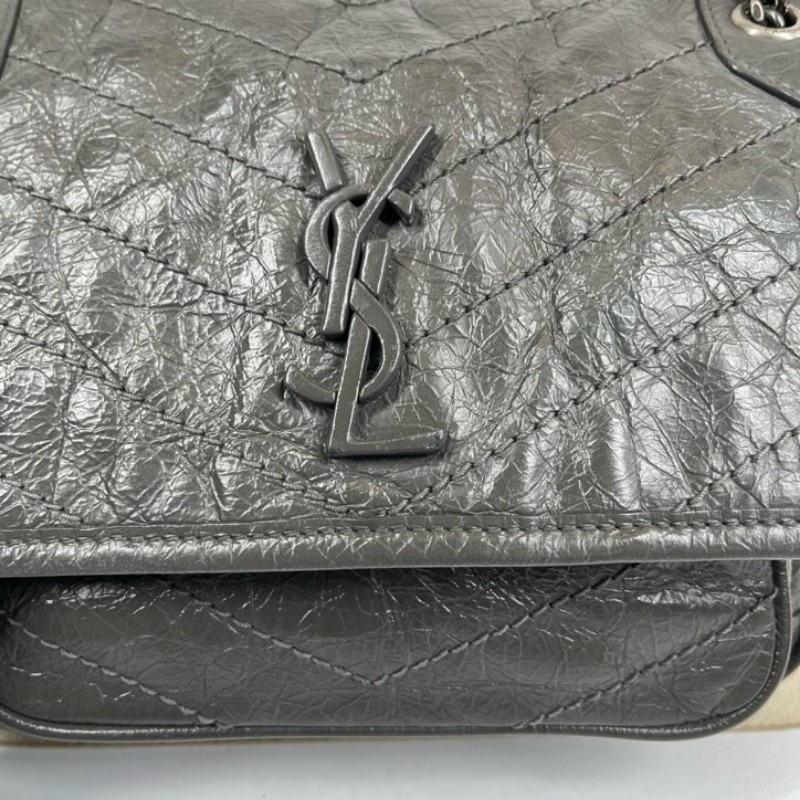 SAINT LAURENT聖羅蘭 Niki灰色小牛皮logo復古皺褶 鏈條包 可單肩手提 油蠟皮 上身效果超級美膩-12