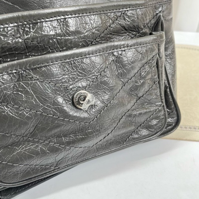 SAINT LAURENT聖羅蘭 Niki灰色小牛皮logo復古皺褶 鏈條包 可單肩手提 油蠟皮 上身效果超級美膩-13