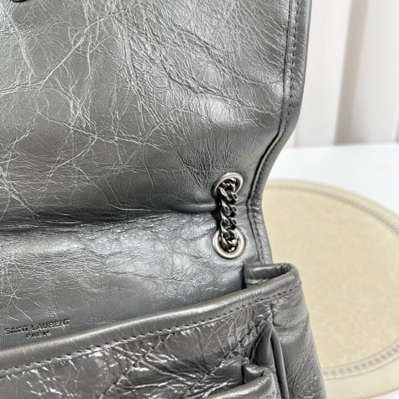 SAINT LAURENT聖羅蘭 Niki灰色小牛皮logo復古皺褶 鏈條包 可單肩手提 油蠟皮 上身效果超級美膩-14