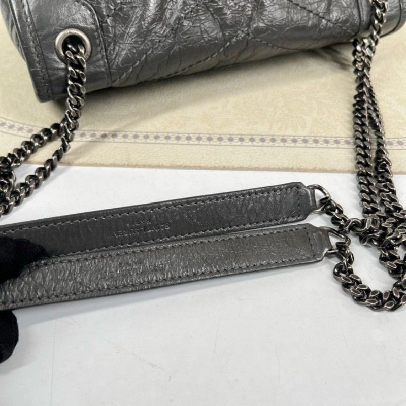 SAINT LAURENT聖羅蘭 Niki灰色小牛皮logo復古皺褶 鏈條包 可單肩手提 油蠟皮 上身效果超級美膩-17