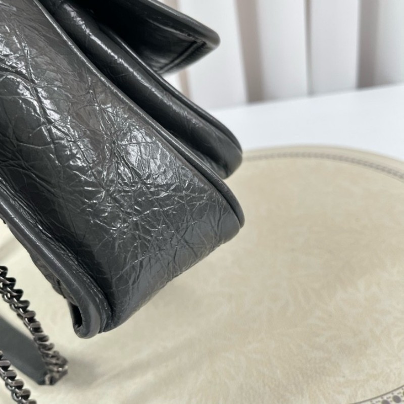 SAINT LAURENT聖羅蘭 Niki灰色小牛皮logo復古皺褶 鏈條包 可單肩手提 油蠟皮 上身效果超級美膩-18