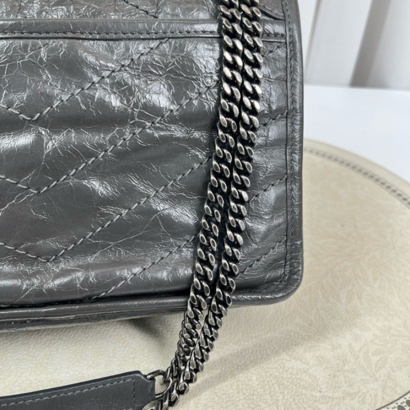 SAINT LAURENT聖羅蘭 Niki灰色小牛皮logo復古皺褶 鏈條包 可單肩手提 油蠟皮 上身效果超級美膩-20