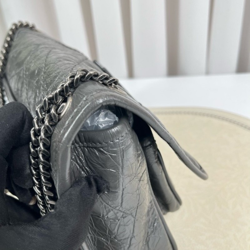 SAINT LAURENT聖羅蘭 Niki灰色小牛皮logo復古皺褶 鏈條包 可單肩手提 油蠟皮 上身效果超級美膩-21