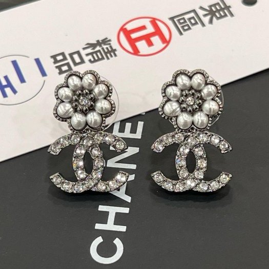 東區正精品㊣CHANEL AB9608 近全新香奈兒黑銀色雙C山茶花水鑽珍珠針式耳環 無原廠盒子 RZ6297-0