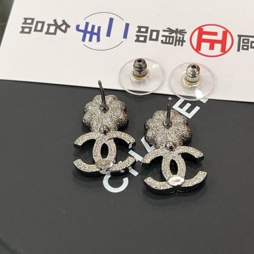 東區正精品㊣CHANEL AB9608 近全新香奈兒黑銀色雙C山茶花水鑽珍珠針式耳環 無原廠盒子 RZ6297-4