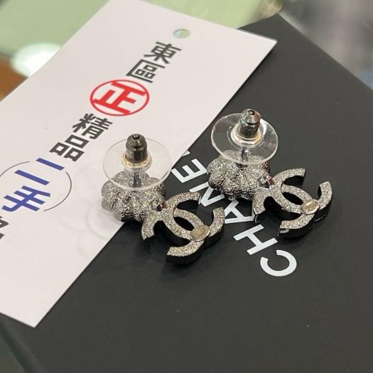 東區正精品㊣CHANEL AB9608 近全新香奈兒黑銀色雙C山茶花水鑽珍珠針式耳環 無原廠盒子 RZ6297-5