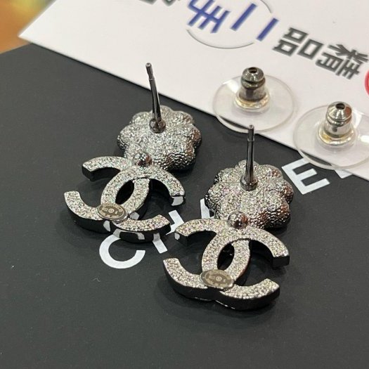 東區正精品㊣CHANEL AB9608 近全新香奈兒黑銀色雙C山茶花水鑽珍珠針式耳環 無原廠盒子 RZ6297-7