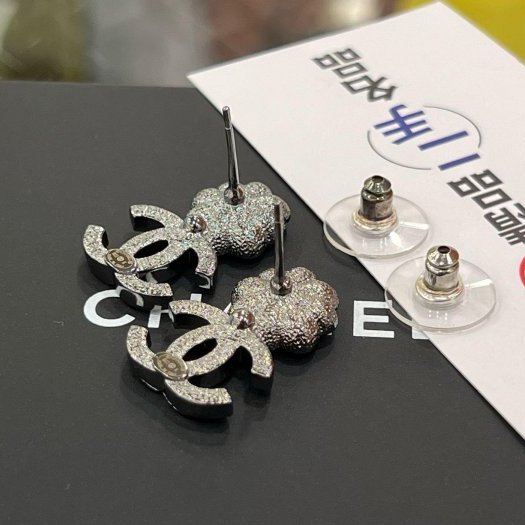 東區正精品㊣CHANEL AB9608 近全新香奈兒黑銀色雙C山茶花水鑽珍珠針式耳環 無原廠盒子 RZ6297-8