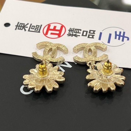 東區正精品㊣CHANEL A22K 全新未使用香奈兒金色雙C水鑽黑色花朵針式耳環 無原廠盒子 RZ6298-5