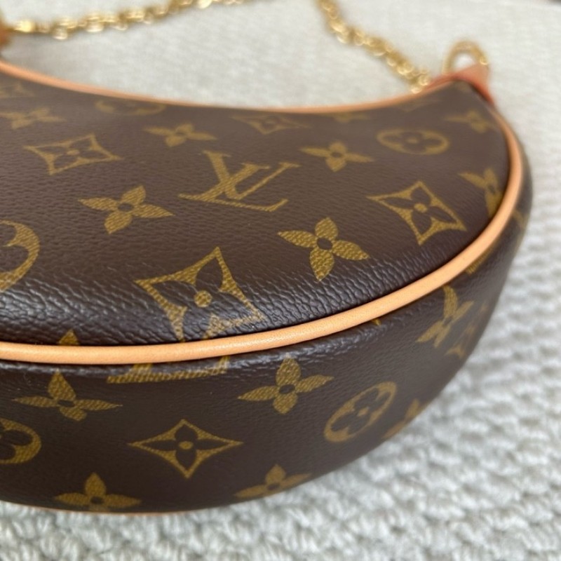 LV路易威登老花豌豆月亮包 老花配棕色邊框 金色鏈條裝飾 容量實用 日常百搭 可腋下背 斜挎 手提 單肩多種背法隨心切換-10