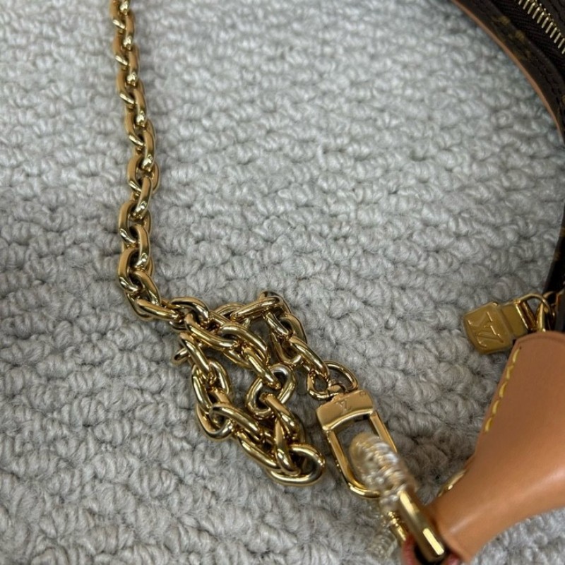 LV路易威登老花豌豆月亮包 老花配棕色邊框 金色鏈條裝飾 容量實用 日常百搭 可腋下背 斜挎 手提 單肩多種背法隨心切換-12