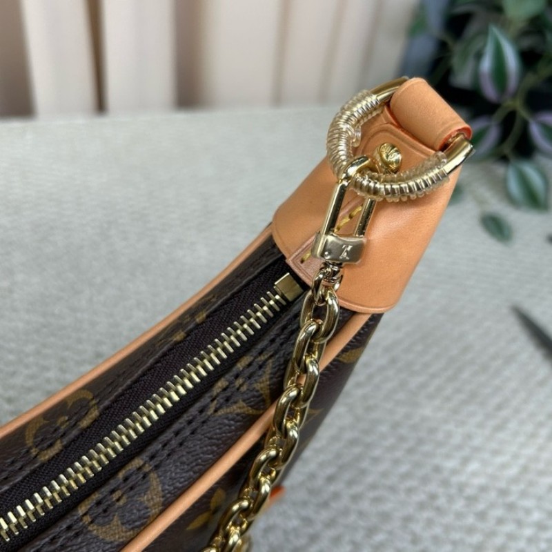 LV路易威登老花豌豆月亮包 老花配棕色邊框 金色鏈條裝飾 容量實用 日常百搭 可腋下背 斜挎 手提 單肩多種背法隨心切換-14