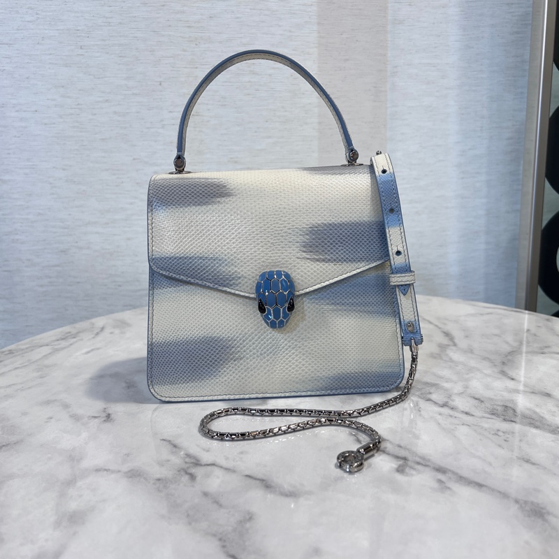 Bvlgari 白藍漸層水蛇皮水藍琺瑯蛇頭下蓋手提肩背包-0