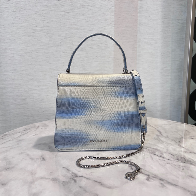 Bvlgari 白藍漸層水蛇皮水藍琺瑯蛇頭下蓋手提肩背包-1