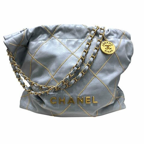 CHANEL 22 鏈條束口肩背包 小羊皮 灰藍色 金色金具