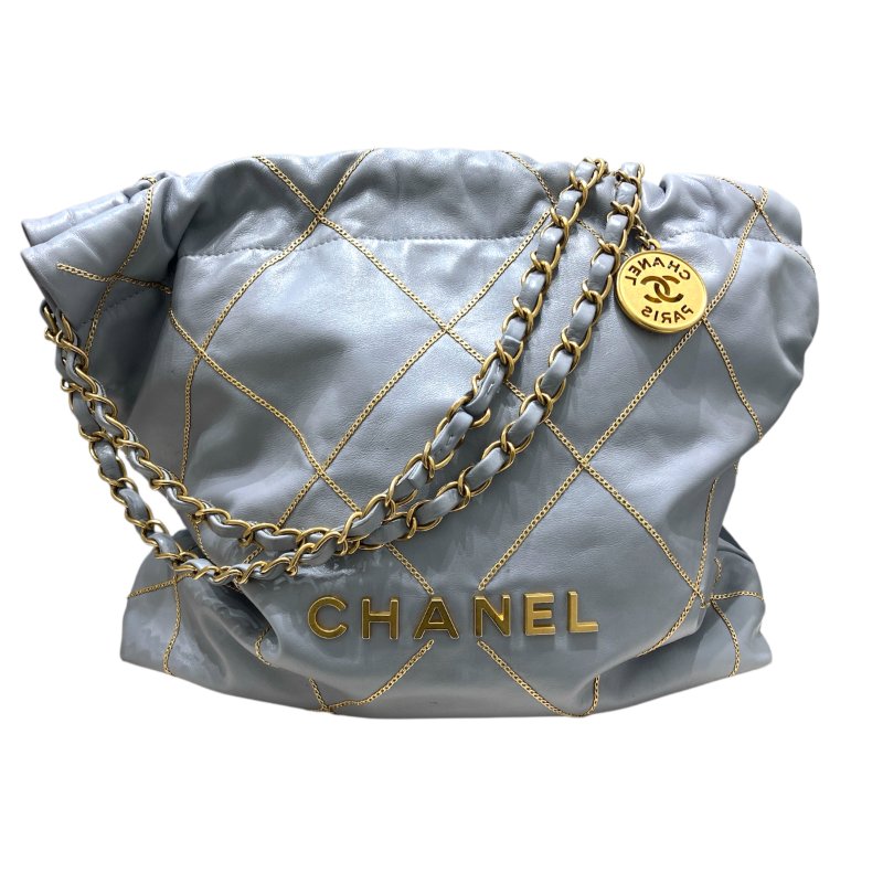 CHANEL 22 鏈條束口肩背包 小羊皮 灰藍色 金色金具-0