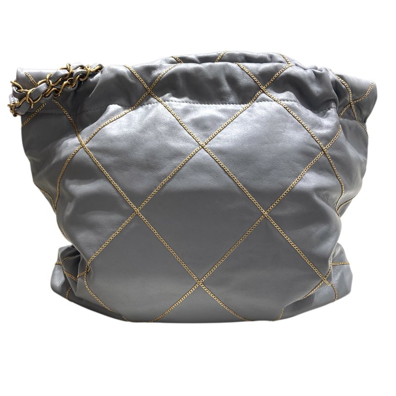 CHANEL 22 鏈條束口肩背包 小羊皮 灰藍色 金色金具-1