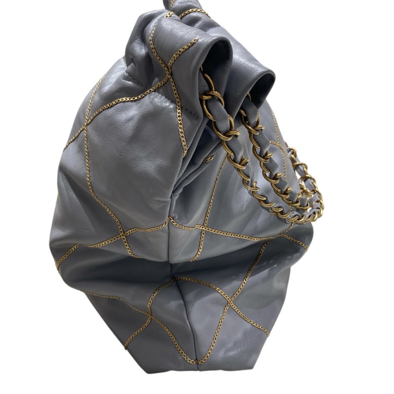 CHANEL 22 鏈條束口肩背包 小羊皮 灰藍色 金色金具-3