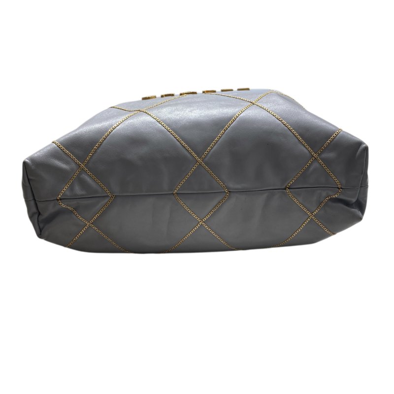 CHANEL 22 鏈條束口肩背包 小羊皮 灰藍色 金色金具-4