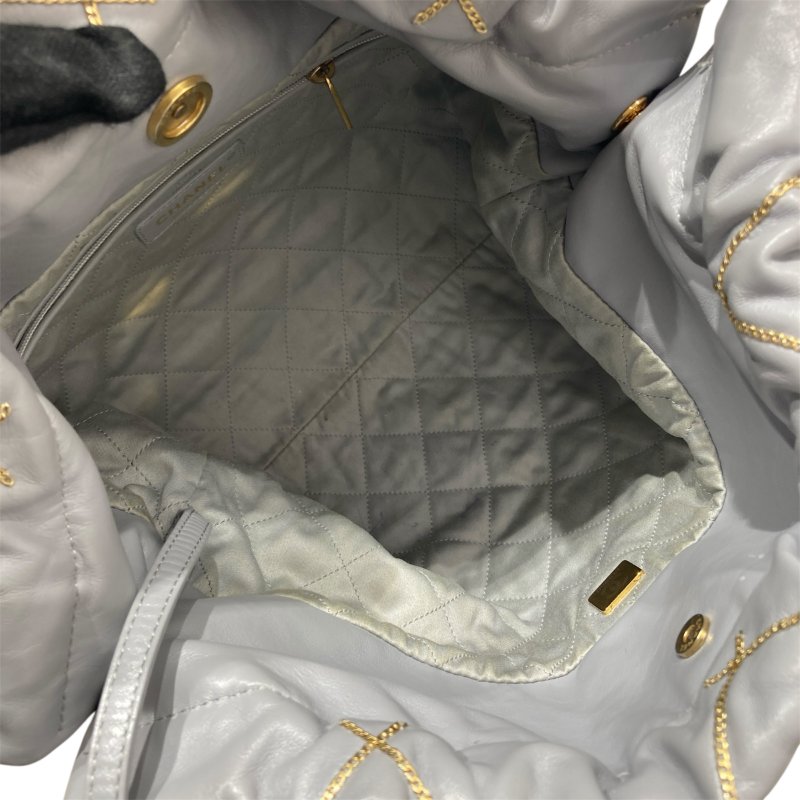 CHANEL 22 鏈條束口肩背包 小羊皮 灰藍色 金色金具-10