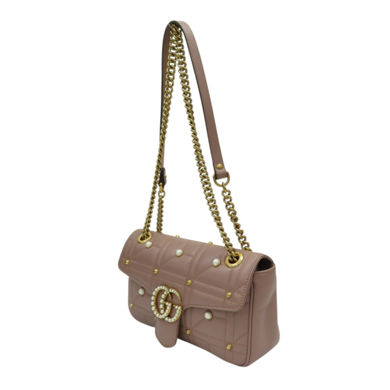 藕粉色 牛皮 珍珠 鉚釘 GG Marmont 肩背包【GUCCI 古馳】 443497-2