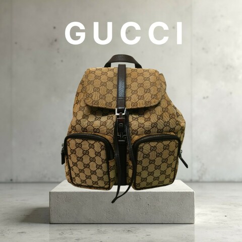 ✈️老闆出國不在‼️狂降甜價至4/5（原12800）㊣✨GUCCI✨（附防塵袋）古馳 GG 滿版 老花 帆布 皮革 口袋 束口 賈姬包 後背包/二手包/保證正品🌳二手樹屋🌳