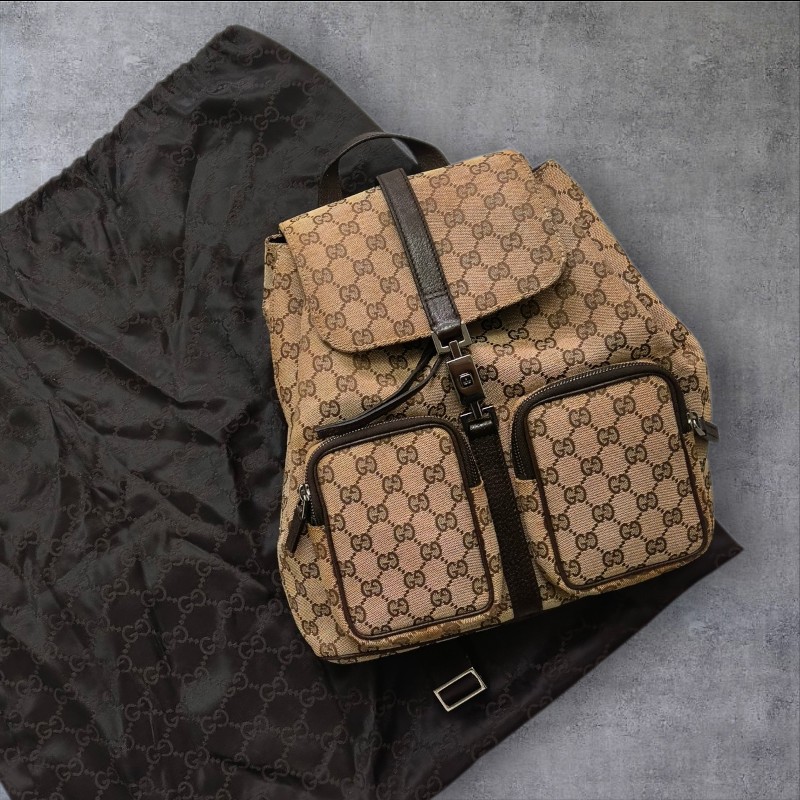 ㊣✨GUCCI✨（附防塵袋）古馳 GG 滿版 老花 帆布 皮革 口袋 束口 賈姬包 後背包/二手包/保證正品🌳二手樹屋🌳-1