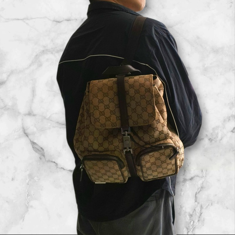 ㊣✨GUCCI✨（附防塵袋）古馳 GG 滿版 老花 帆布 皮革 口袋 束口 賈姬包 後背包/二手包/保證正品🌳二手樹屋🌳-55
