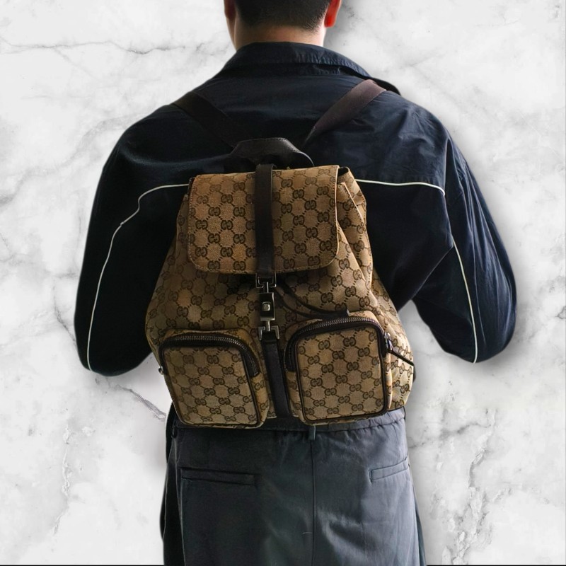 ㊣✨GUCCI✨（附防塵袋）古馳 GG 滿版 老花 帆布 皮革 口袋 束口 賈姬包 後背包/二手包/保證正品🌳二手樹屋🌳-56