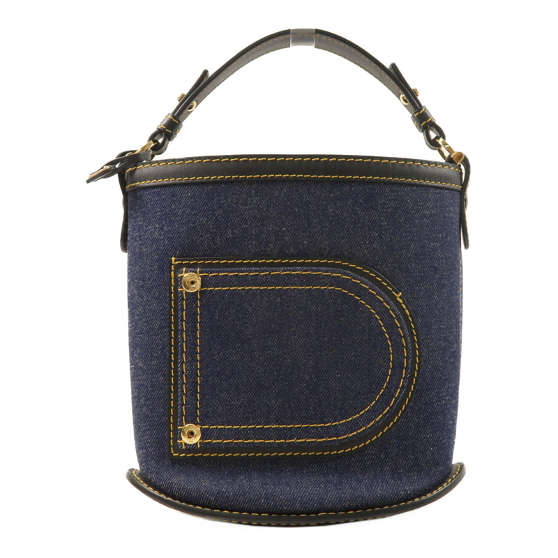 Delvaux 牛仔布/牛皮皮革Pin Mini Denim Bucket Bag金扣手挽袋-0