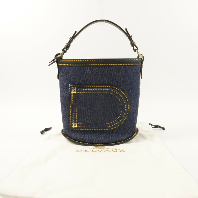 Delvaux 牛仔布/牛皮皮革Pin Mini Denim Bucket Bag金扣手挽袋-8