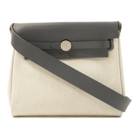 HERMES Toile H帆布/Vache Hunter皮革Mini Herbag銀扣肩背袋Ardoise