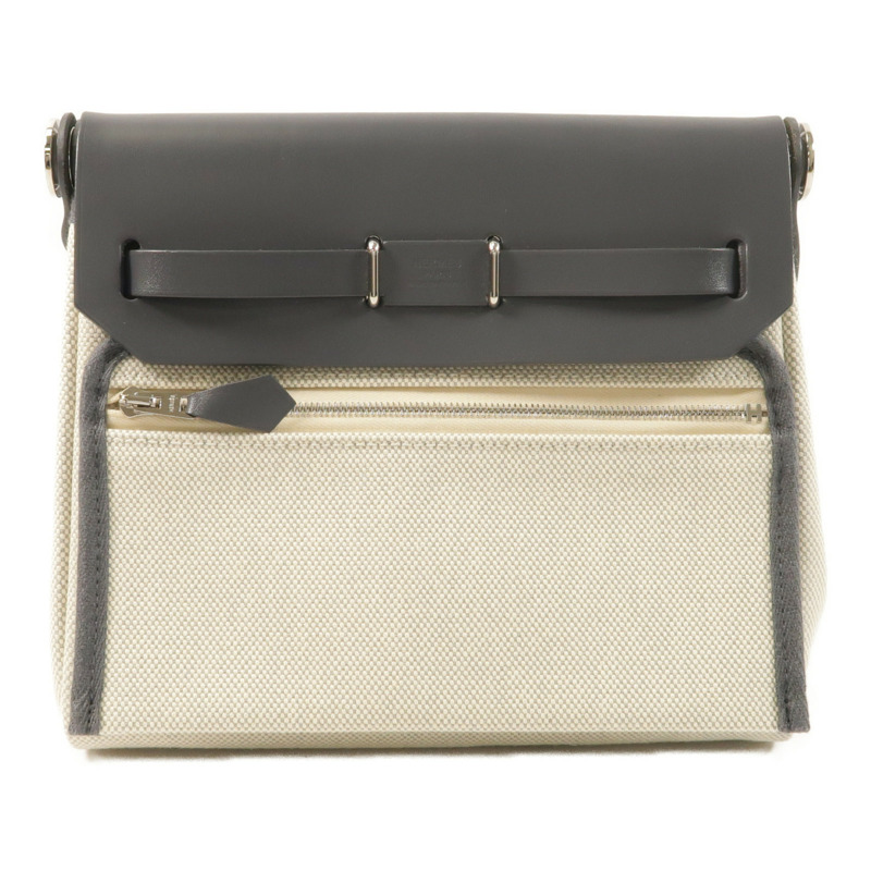 HERMES Toile H帆布/Vache Hunter皮革Mini Herbag銀扣肩背袋Ardoise-1