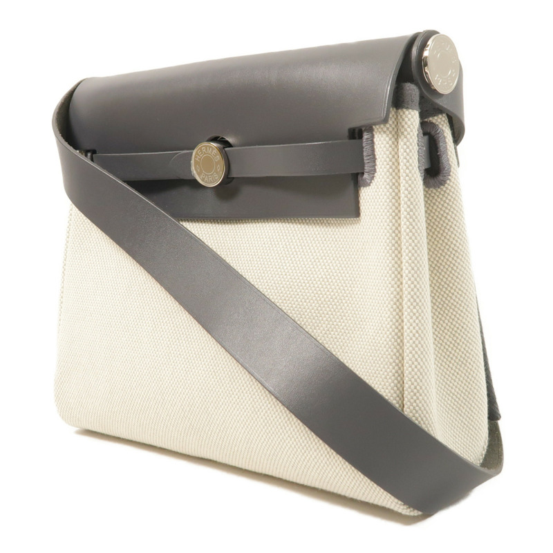 HERMES Toile H帆布/Vache Hunter皮革Mini Herbag銀扣肩背袋Ardoise-2