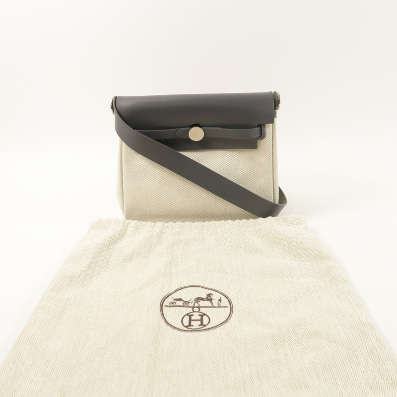 HERMES Toile H帆布/Vache Hunter皮革Mini Herbag銀扣肩背袋Ardoise-8