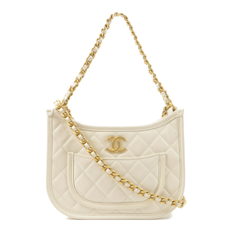 CHANEL 牛皮皮革Hobo Bag金扣鏈帶手挽肩背兩用袋-0